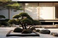 Minimalist, Japaneseinspired Garden With Raked Gravel And Bonsai Trees. Generative AI