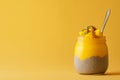 A minimalist jar of chia pudding topped with mango puree, styled on a Royalty Free Stock Photo