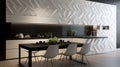 A minimalist kitchen with a 3D cubic wall pattern in white, paired with sleek black