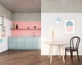 Minimalist kitchen and dining room in bright pastel tones. Royalty Free Stock Photo