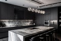 a minimalist kitchen with sleek metallic accents, honed marble countertops, and stainless steel appliances