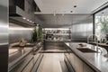 a minimalist kitchen with sleek metallic accents, honed marble countertops, and stainless steel appliances
