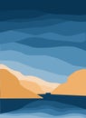 Minimalist landscape. Abstract mountains and sea for a stylish background. Poster of different shades of blue. The concept of