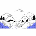 A stylized landscape illustration with mountains trees clouds and a blue stream in a minimalist style Royalty Free Stock Photo