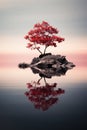 Minimalist landscape of lake and lone red tree on rock, vertical view of water and small island, peaceful nature in autumn.