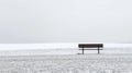 A minimalist landscape photo of white snowy landscape with iron bench. AiG42.