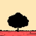 Minimalist landscape of silhouette of a single big tree