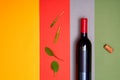 Minimalist layout of wine bottle on geometry colorful background