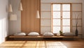 Minimalist lighting scandinavian apartment in japandi style design livingroom. Japanese home decoration.