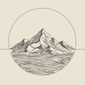 Minimalist line art depicting mountains surrounded by a circular frame. The Royalty Free Stock Photo