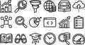 Minimalist line art icon set showing analytics and data symbols in grid including magnifier funnel server growth chart clipboard Royalty Free Stock Photo