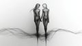 Minimalist line art of identical twins holding hands in abstract style