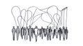 People walking towards hanging light bulbs minimalist line art