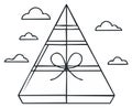 Minimalist line art of a pyramid shaped gift box with a bow floating among clouds Royalty Free Stock Photo