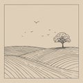 A minimalist line drawing features gently rolling hills with parallel lines representing fields. Royalty Free Stock Photo