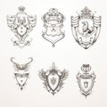 Minimalist Line Drawing Of Ornate Crest Set - Elegant Realism Art