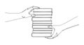 A minimalist line drawing of two hands holding a stack of books isolated on white background Royalty Free Stock Photo