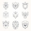 Minimalist Line Drawings Of Royal Shields And Crests On White Background