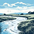 Minimalist Linocut Art: Capturing The Essence Of An Estuary In One Line Royalty Free Stock Photo