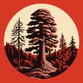 Vintage Graphic Design: Serene Redwood Tree Illustration On Red Background