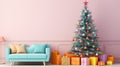 Minimalist Living Room With Blue Couch, Christmas Tree, And Colorful Gifts Royalty Free Stock Photo