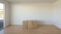 Minimalist Living Room Boxes On Wooden Floor: Bold Chromaticity And High-quality Realistic Photography Royalty Free Stock Photo