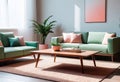 Minimalist living room design with wooden coffee table near the sofa close up Royalty Free Stock Photo