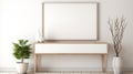 minimalist living room featuring a blank picture frame, a wooden console table, and tastefully placed potted plants