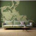 Minimalist Living Room With Green Sofa And Swirly Vines