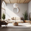 Minimalist living room interior with sofa, armchair with large windows and wooden eco ceiling. Copy space