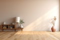 Minimalist living room interior with wooden floor, decor on a large wall. Generative AI Royalty Free Stock Photo