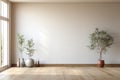 Minimalist living room interior with wooden floor, decor on a large wall. Generative AI Royalty Free Stock Photo