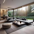 A minimalist living room with a large, modular sofa and floor-to-ceiling windows overlooking a serene garden3