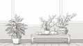 Minimalist Living Room With Potted Plants In Traditional Animation Style