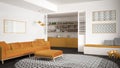 Minimalist living room with sofa, big round carpet and kitchen in the background, gray and yellow modern interior design