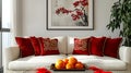 minimalist living room with white sofa, red pillows, and oranges Royalty Free Stock Photo