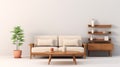 Minimalist Living Room: White Sofa, Wooden Shelves & Casual Elegance
