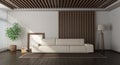 Minimalist living room with wooden paneling on background