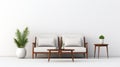 Minimalist Living Room With Wooden Sofa And Potted Plant Royalty Free Stock Photo