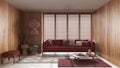 Minimalist living room with wooden walls in red tones. Fabric sofa with pillows, big window with venetian blinds, carpets and Royalty Free Stock Photo