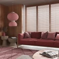 Minimalist living room with wooden walls in red tones. Fabric sofa with pillows, window with venetian blinds, carpets and paper Royalty Free Stock Photo