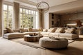 Minimalist Living Studio Apartment Showcasing Beige Sofa and Pouf in Modern Living Room Home Interior Design. created with