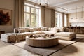 Minimalist Living Studio Apartment Showcasing Beige Sofa and Pouf in Modern Living Room Home Interior Design. created with