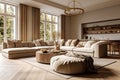 Minimalist Living Studio Apartment Showcasing Beige Sofa and Pouf in Modern Living Room Home Interior Design. created with