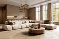 Minimalist Living Studio Apartment Showcasing Beige Sofa and Pouf in Modern Living Room Home Interior Design. created with