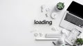 Minimalist loading word with modern typography and loading bar icons on white background