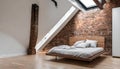 A minimalist loft bedroom with a floating platform bed, exposed brick