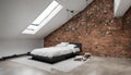 A minimalist loft bedroom with a floating platform bed, exposed brick walls, and a