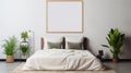 Minimalist Loft Bedroom With White Bed And Empty Picture Frame Royalty Free Stock Photo
