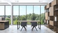 Minimalist loft meeting area with wood desk and shelf, frame window and concrete floor. 3d rendering